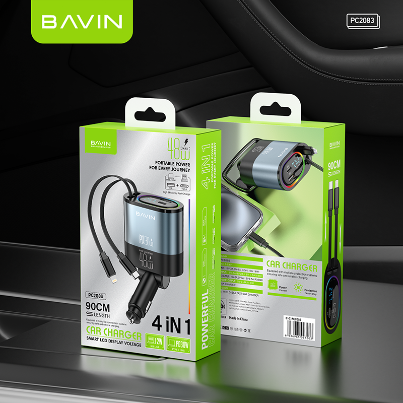 BAVIN C-PC2083 4 in 1 48W Fast Car Charger w/ 90cm Built-in Dual Retractable Type-C & iPhone Cables