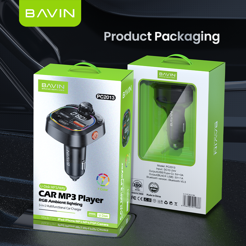 BAVIN PC2013 3 in 1 BT 5.3 MP3 Player Fast Charging 3.1A Car Charger w/ RGB Color Lighting/U-Disk MP3