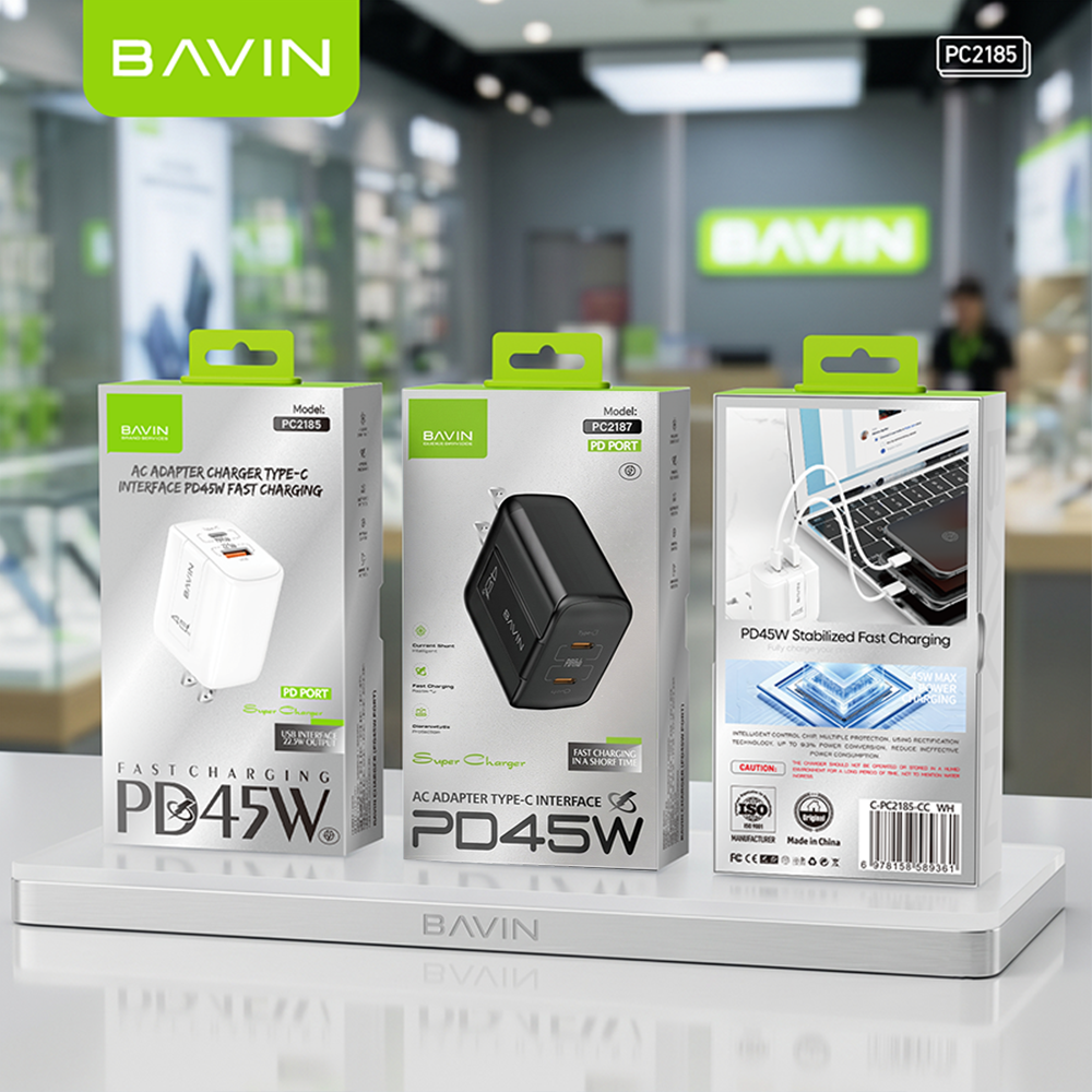 BAVIN PC2187 Portable 45W PD Fast Charger Dual USB C Wall Adapter w/ 1M Cable for iPh 17/Android/Laptop