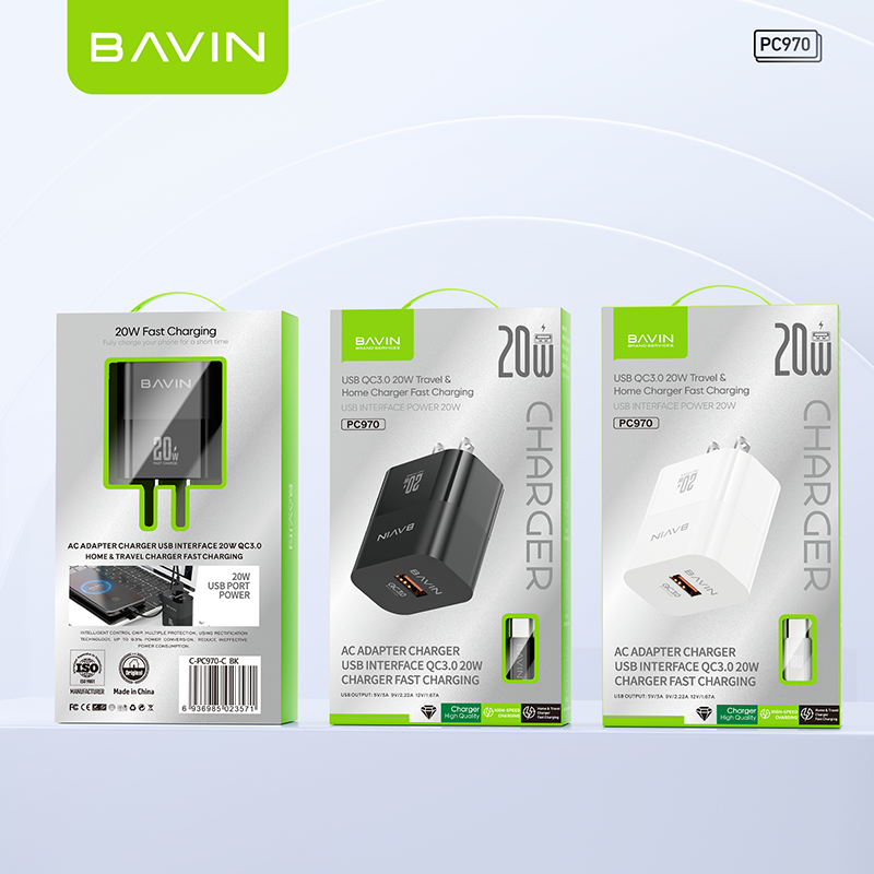 BAVIN C-PC970-XX 20W Fast Charger, QC3.0 for Micro USB, iPh & Type-C Devices