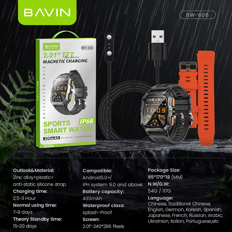 BAVIN BW606 Waterproof Sport Smart Watch 2.01" HD Display w/ AI Voice, Flashlight & Health Monitor for Smartphones