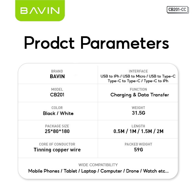BAVIN U-CB201-XX QC3.0 Fast Charging 0.5 / 1 / 1.5 / 2MCable Nylon Braided Wire For iPh Micro & Type-C