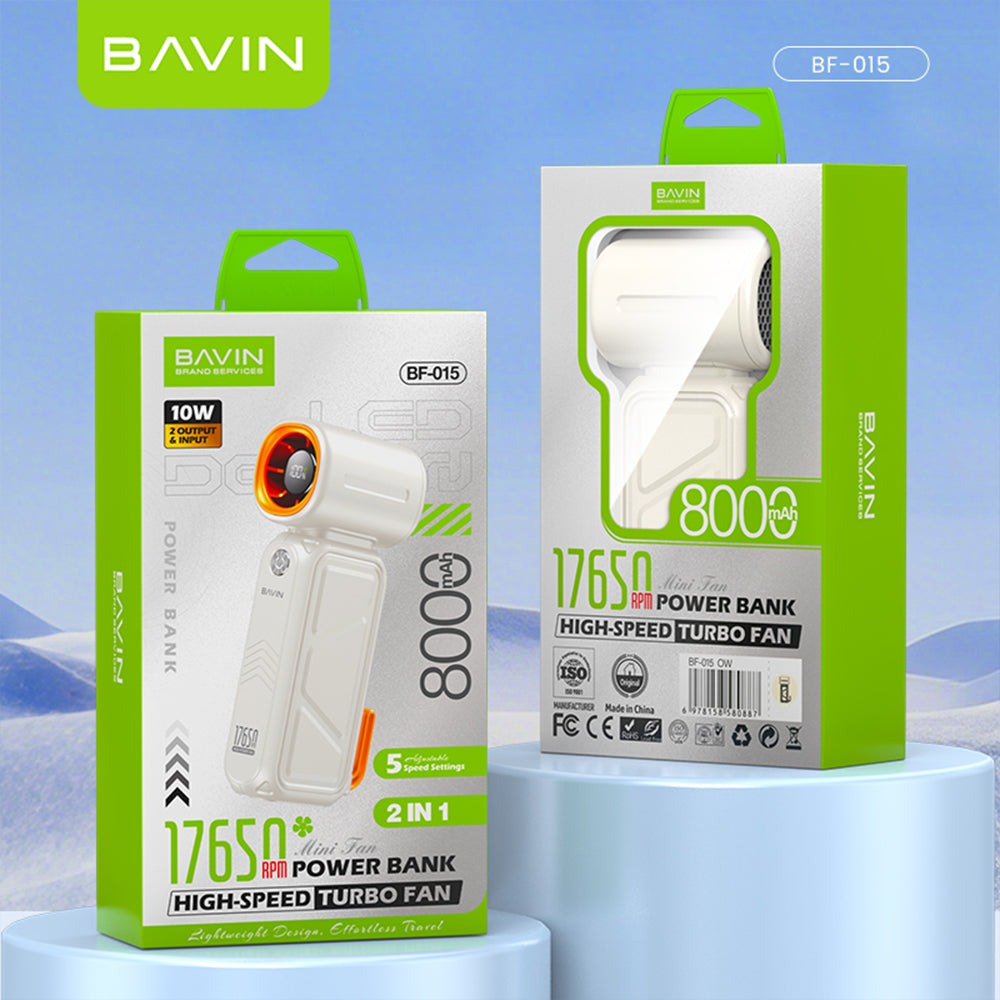 BAVIN BF-015 2-in-1 Handheld Mini Turbo Fan 17650RPM Rechargeable & 8000mAh Powerbank w/ 5-Speed Adjustable, LED Display
