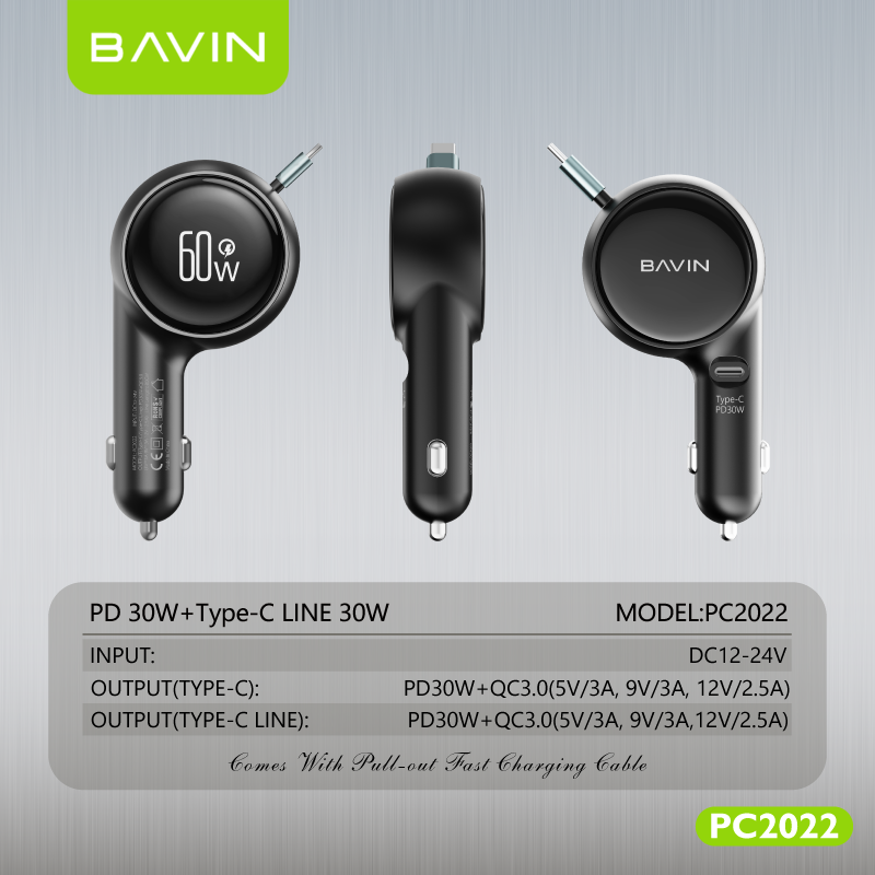BAVIN C-C-PC2023 30W 2-in-1 Car Charger w/ Retractable 80cm Cable (Type-C/iPhone)
