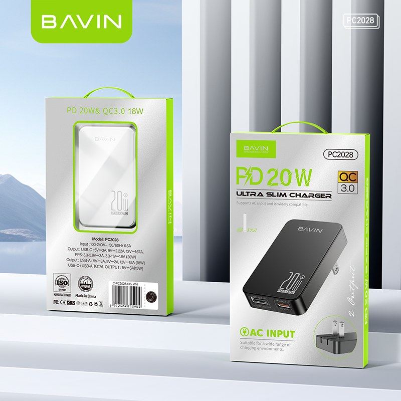 BAVIN C-PC2028-XX 20W Ultra-Slim Fast Charger w/ QC3.0, Dual USB & Type-C, Bendable AC Plug