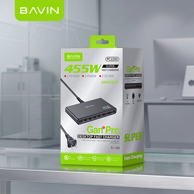BAVIN PC2200 455W USB C Charger GaN 7 Ports Desktop Fast Charging Station w/ 100W Max PD Dual Ports