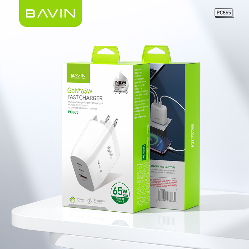 BAVIN C-PC865 65W GaN Fast Charger w/ Dual USB-C & USB Port
