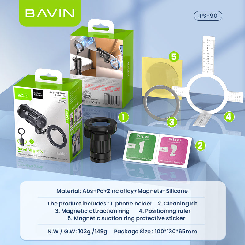 BAVIN PS90 360° Magnetic Phone Holder | Foldable Travel Mount w/ Anti-Slip Pad, Strong Grip & Hands-Free Stand