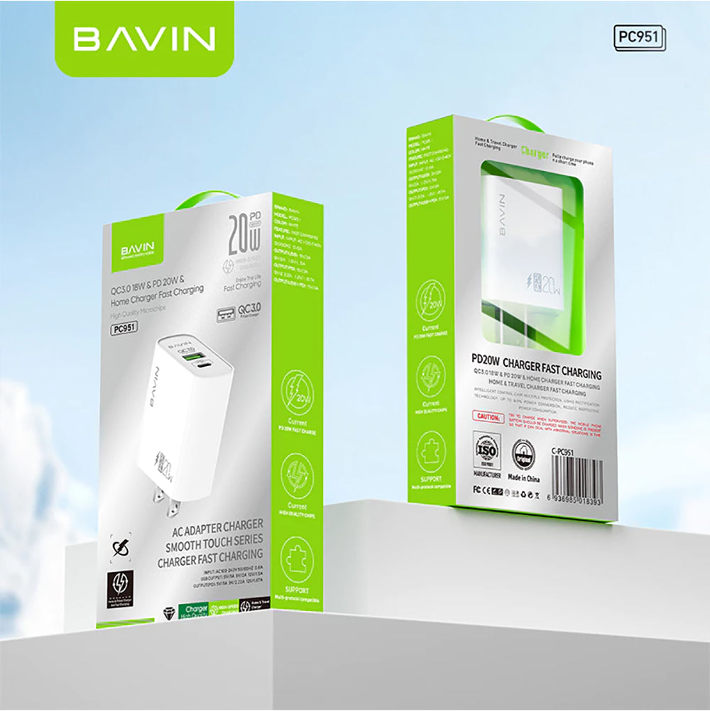 BAVIN PC951 20W PD Fast Wall Charger | Type-C & QC3.0 Dual Port | Fast Charging Adapter