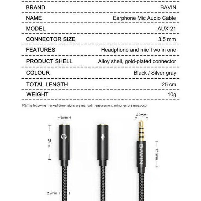BAVIN H-3.5-AUX21 3.5mm Aux Splitter Cable for Audio Accessories
