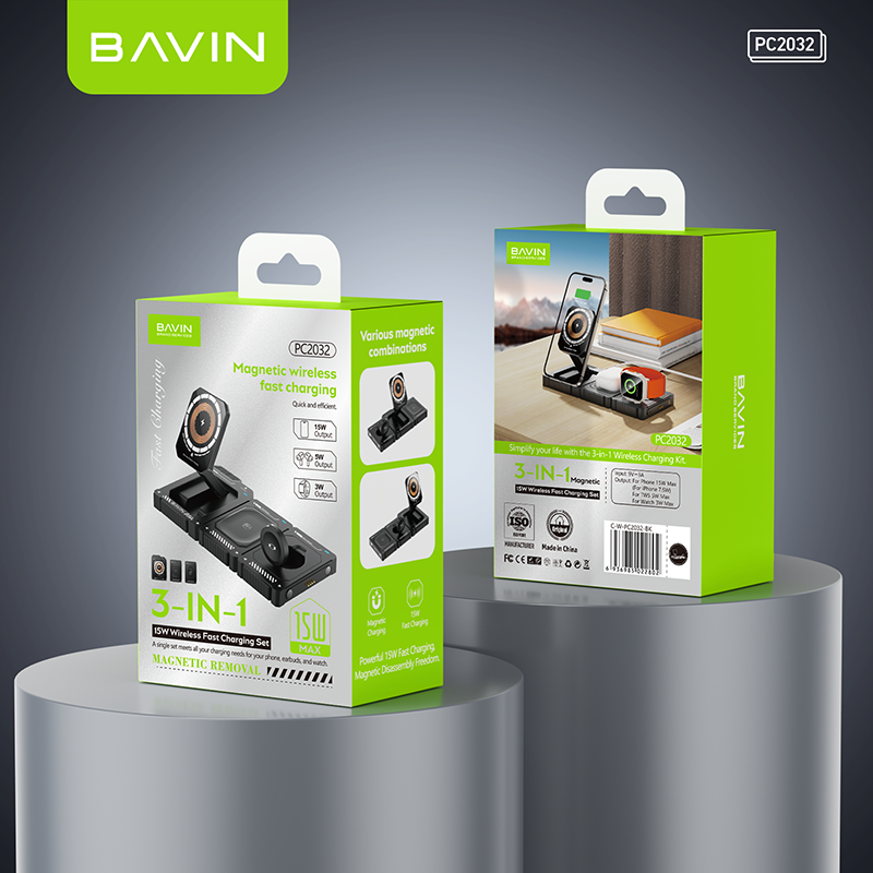 BAVIN C-W-PC2032 15W 3-in-1 Wireless Magnetic Charging Station for iPhone, Earbuds & Apple Watch