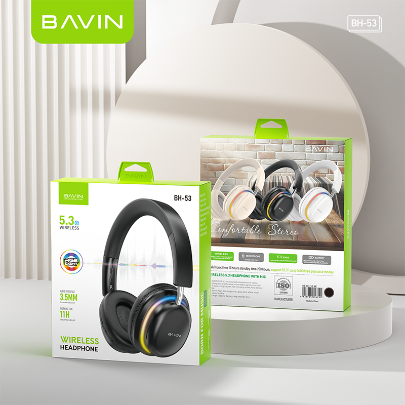 BAVIN HB-BH53 Wireless Comfort Headphones w/Hi-Fi Sound Bluetooth Strong Bass Built-In Microphone & Silicone Band