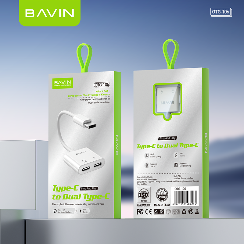 BAVIN O106 Hi-Fi Audio & Charging 2-in-1 Type-C to Dual Type-C OTG Adapter for Phones, Tablet & Laptop