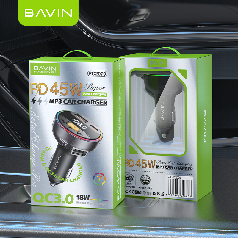 BAVIN PC2079 45W PD+QC3.0 Ultra-Fast MP3 Car Charger RGB 7-Color Lights for iPh & Android (Supports iPh17 Series)