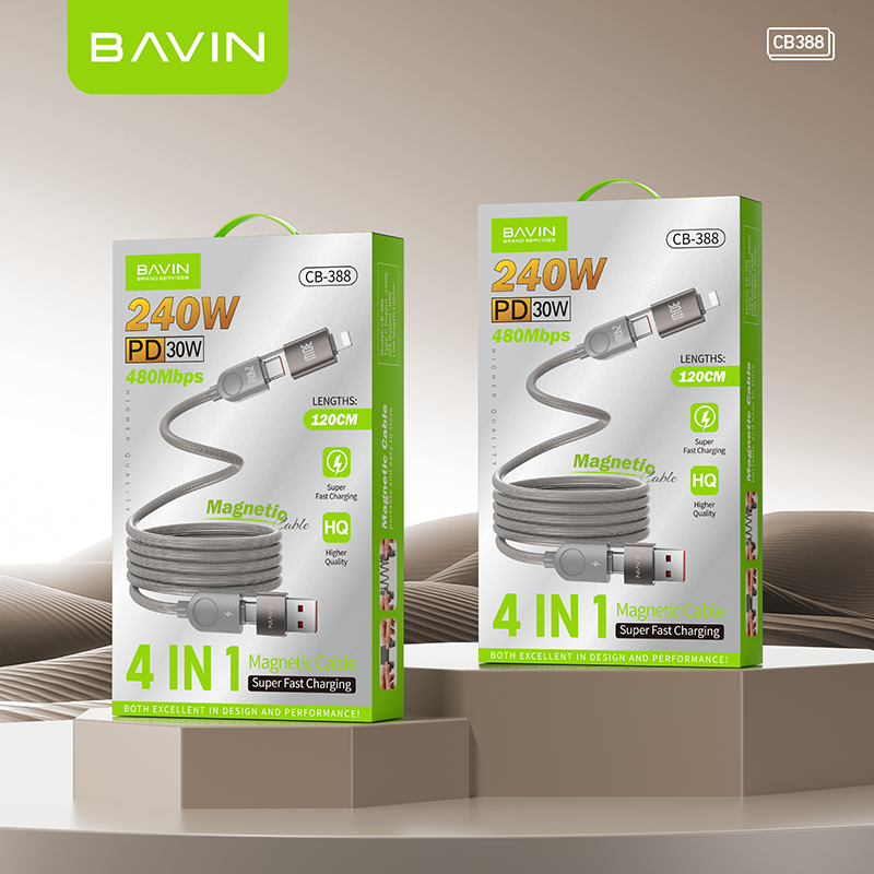 BAVIN U-CB388 4 in 1 Magnetic Fast Charging Cable 240W PD w/ 480Mbps Data Speed for Smartphones & Laptops