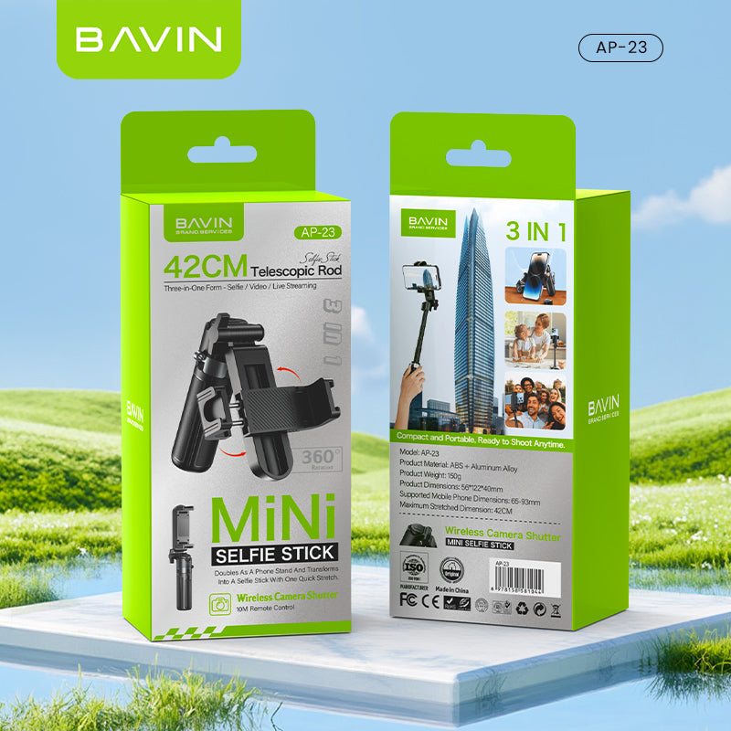 BAVIN D-Z-P23 3in1 Mini Selfie Stick w/ Tripod Bluetooth 42cm Portable & Compact 360° Rotation & Wireless Camera Shutter