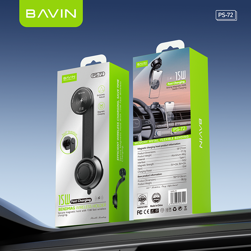 BAVIN D-S-PS72 15W Magnetic Car Phone Holder w/ Wireless Charging & 360° Rotation