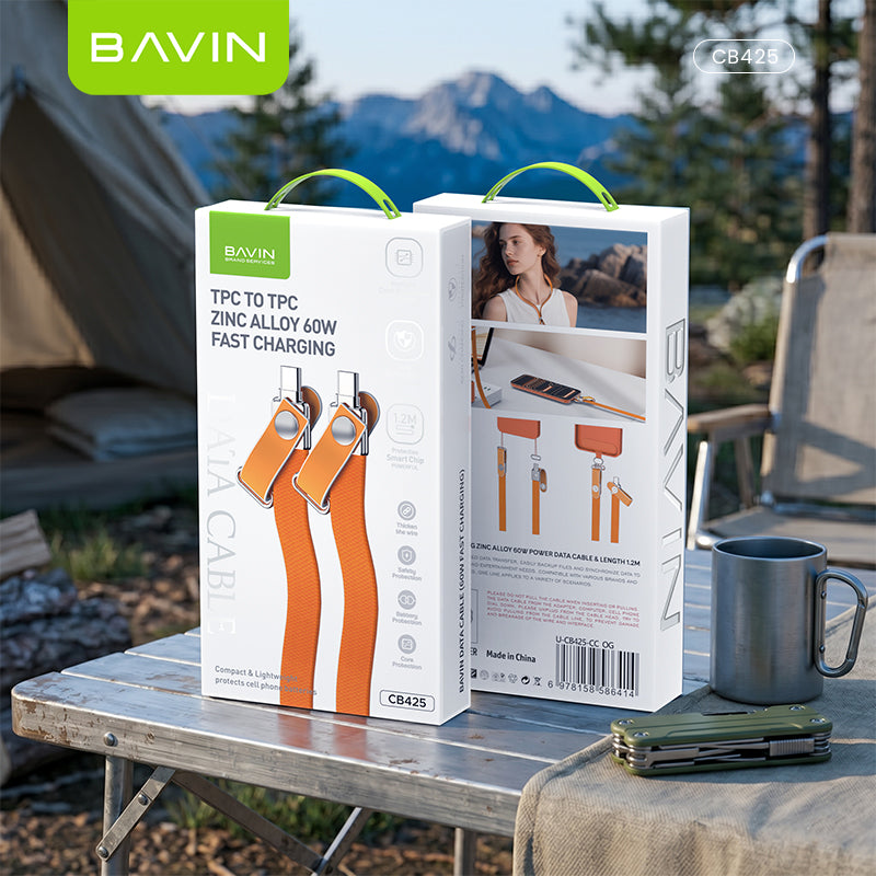 BAVIN CB425 2in1 60W Fast Charging Phone Strap Lanyard + Flat Type-C Data Cable 1.2m for iPhone 17, Android