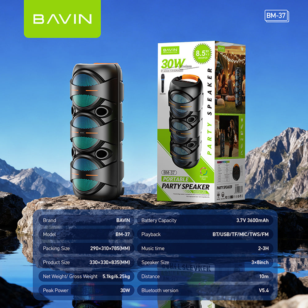 BAVIN BM37 Party Karaoke Wireless Bluetooth Speaker with RGB Light 30W Powerful Sound w/ Mic