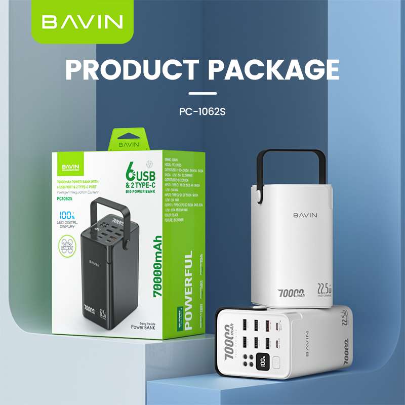 BAVIN Y-PC1062 70000mAh QC 3.0+PD 20W Powerbank w/ 6 USB & 2 Type-C Ports