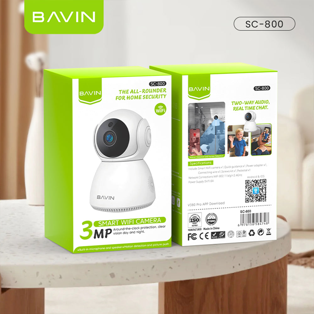 BAVIN SC800 3MP Pan/Tilt Home Security WiFi CCTV Camera | 2-Way Audio & App Control w/ Wall Stand