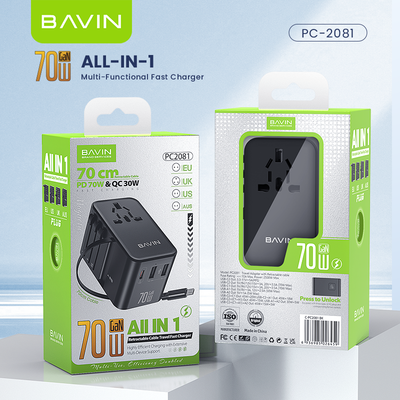 BAVIN C-PC2081 70W GaN Charging Adapter for Universal Plug & Multi-Port Charger w/ Retractable Type-C