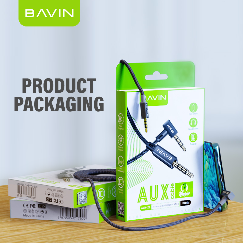 BAVIN H-3.5-AUX26 Universal 3.5mm Audio Jack Cable 1.2m Nylon Braided w/ 90° Angle for Speaker, TV, Computer & Phones