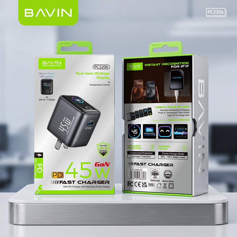 BAVIN PC2206 Mini 45W PD GaN Fast Charger Wall Adapter w/Smart Display+Foldable Plug for iPhone17/Laptop