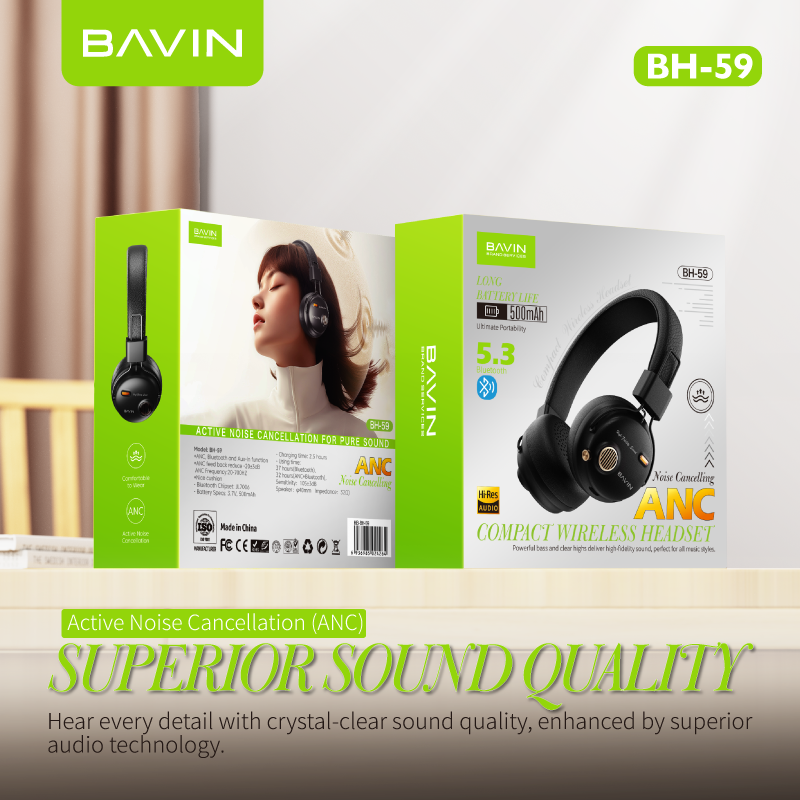 BAVIN HB-BH59 ANC Wireless Bluetooth Earphones w/ Hi-Fi Stereo Sound Foldable Design & Comfortable Fit