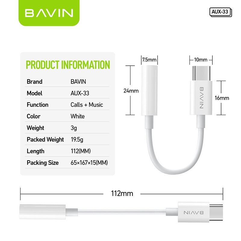 BAVIN H-3.5-AUX33 Type-C to 3.5mm USB Headphone Adapter & Audio Cable