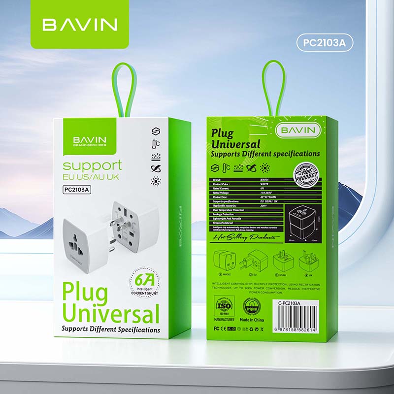 BAVIN PC2103A Universal Travel Plug Adapter Compatible w/ EU UK US AU Sockets for Worldwide Use