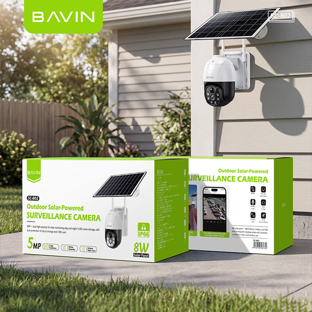 BAVIN SC802 Solar-Powered Outdoor Pan Wireless Security CCTV Camera 5MP HD PTZ Camera w/Weatherproof
