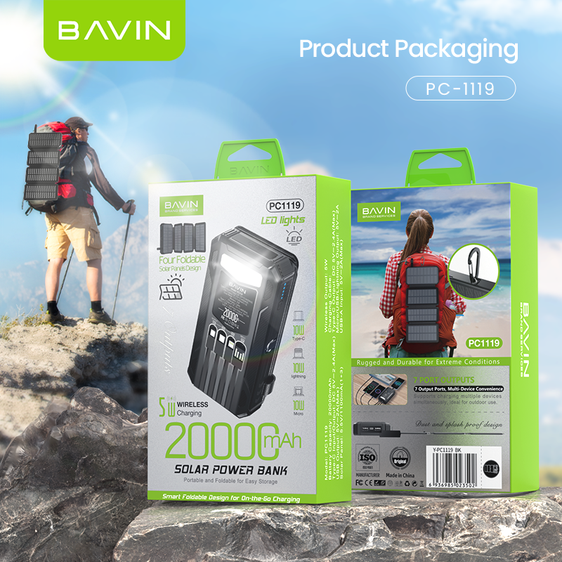 BAVIN PC1119 20000mAh Solar Charging Powerbank Built-In Cable Wireless Charging w/ Waterproof