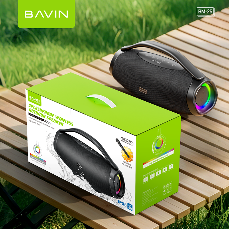 BAVIN BM25 Outdoor Wireless Speaker Bluetooth Splashproof w/ RGB Lighting & Wireless Microphone