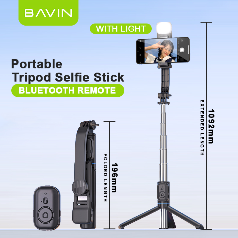【Christmas Gift】BAVIN P11 Portable Wireless Bluetooth Selfie Stick Tripod Foldable Stand w/ Light