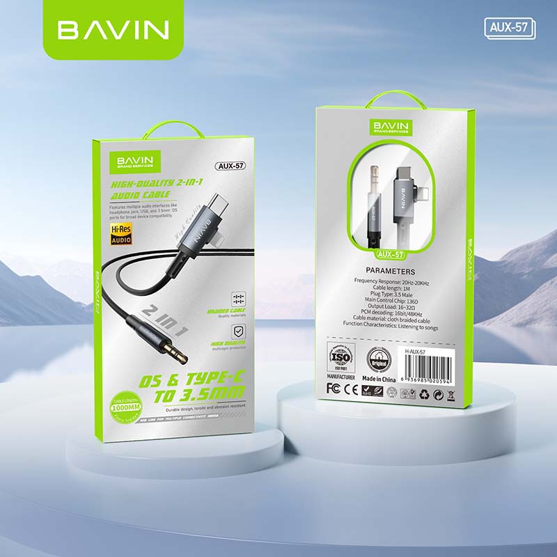 BAVIN H-AUX57 2 in 1 Hi-Fi Aux Cable 1 Meter for Type-C & iPhone to 3.5mm