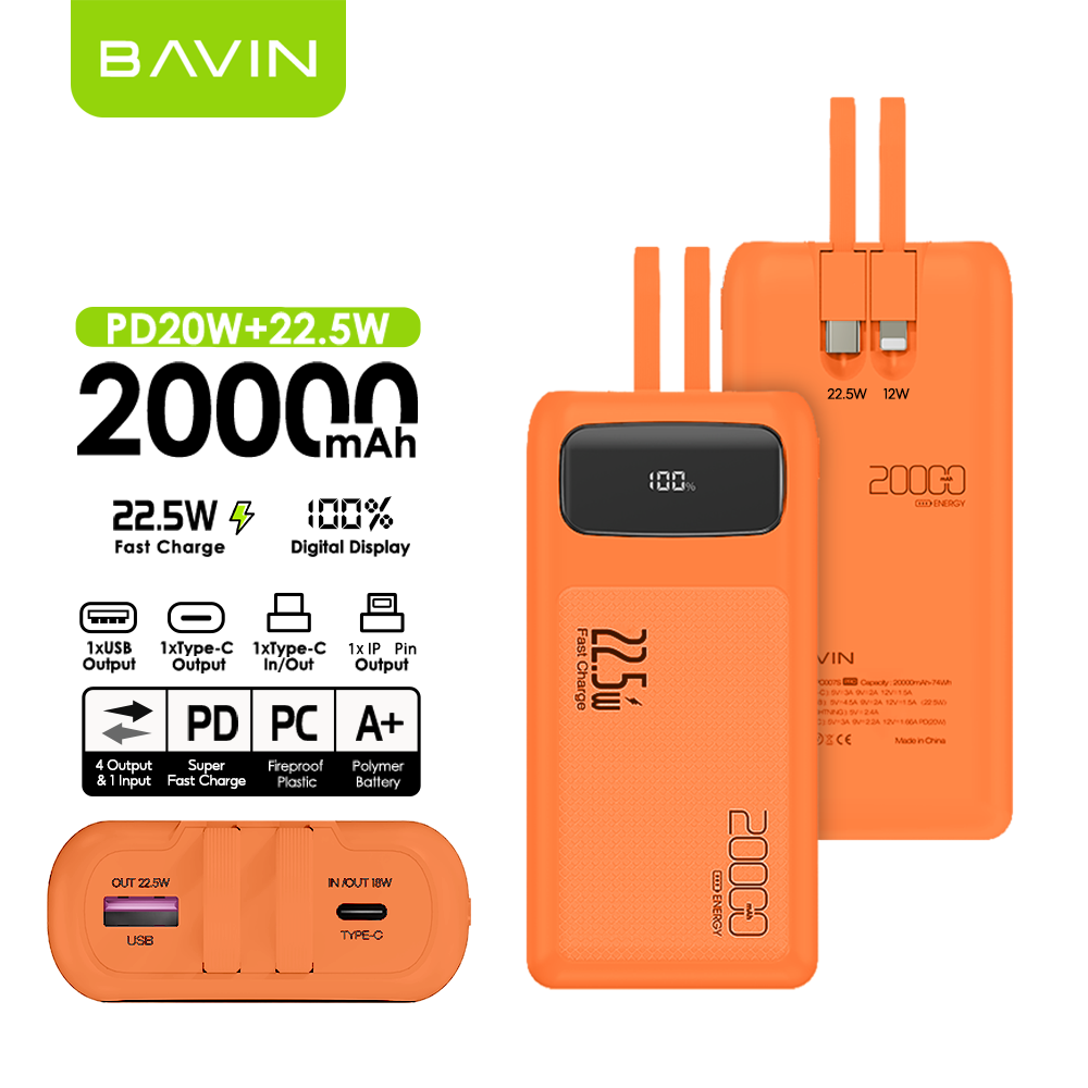 BAVIN PC008 10000mAh / PC007 20000mAh 22.5W Fast Charging Powerbank w/ Built-in Cable & LED Display