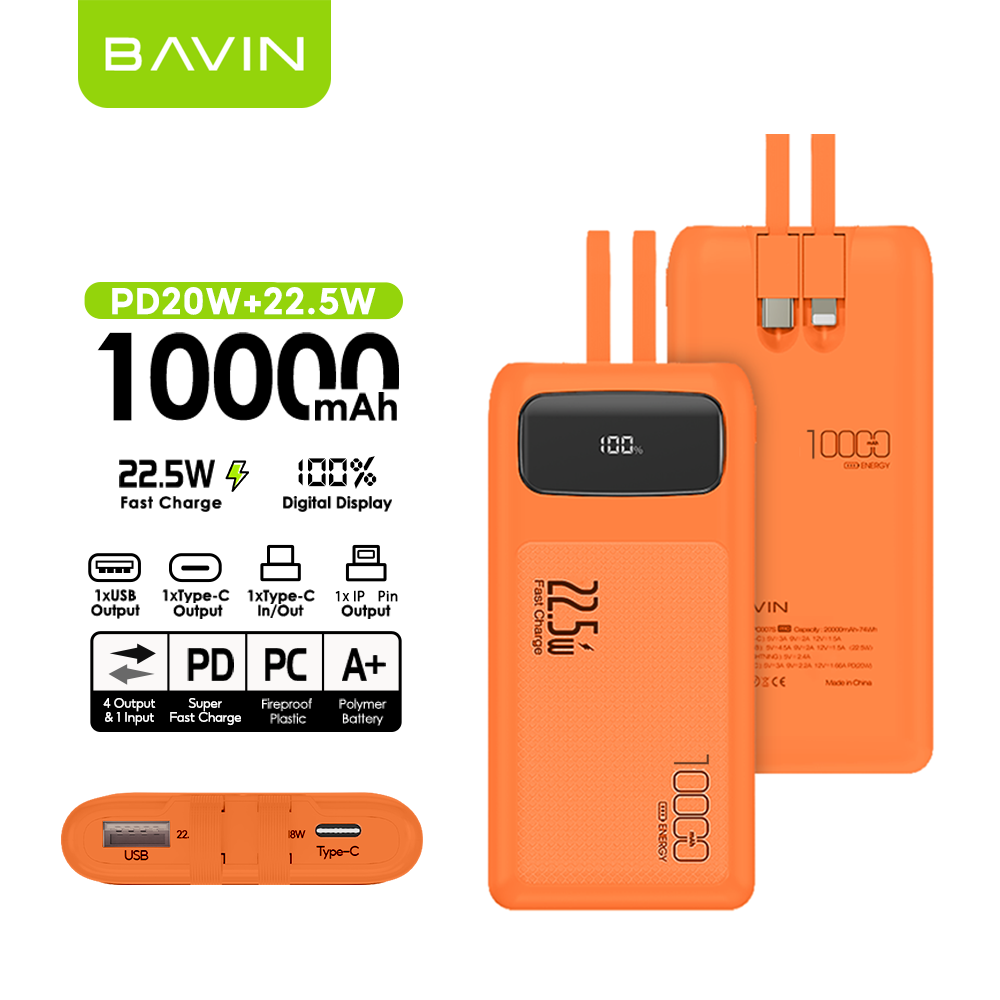 BAVIN PC008 10000mAh / PC007 20000mAh 22.5W Fast Charging Powerbank w/ Built-in Cable & LED Display