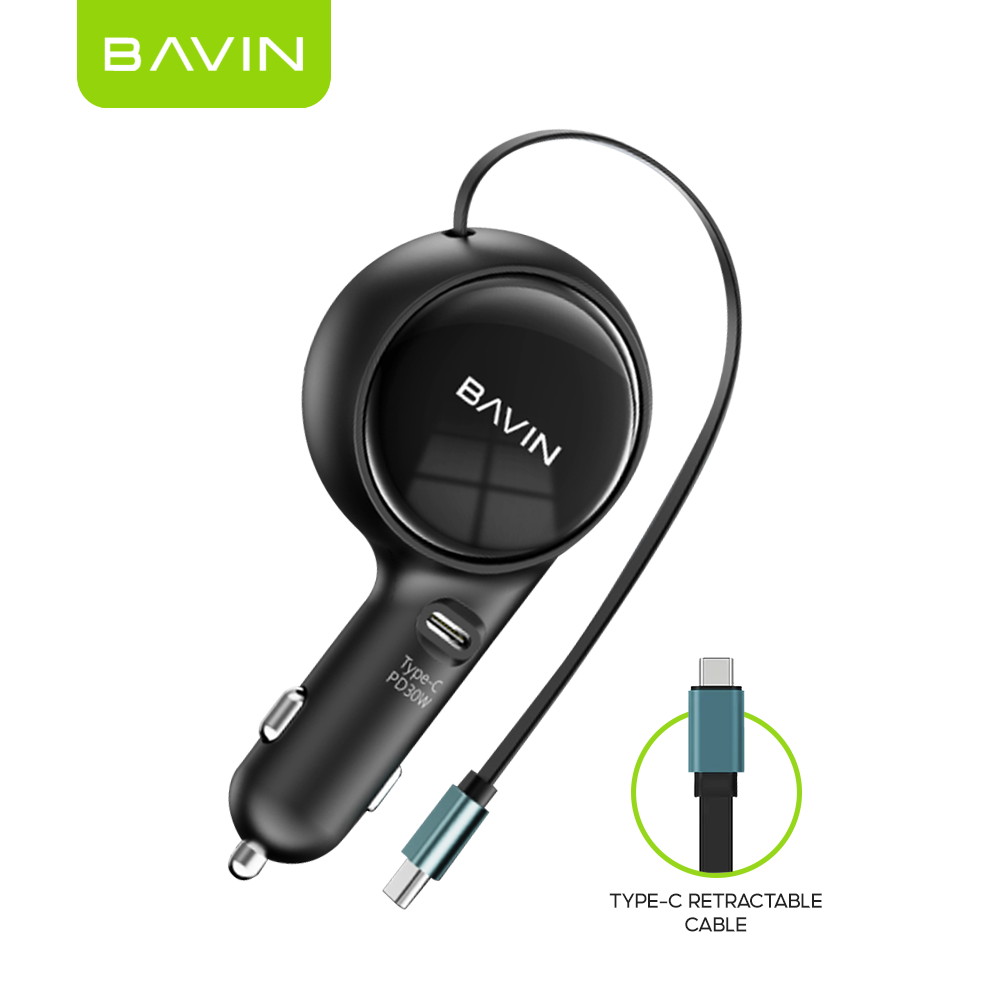 BAVIN C-C-PC2023 30W 2-in-1 Car Charger w/ Retractable 80cm Cable (Type-C/iPhone)
