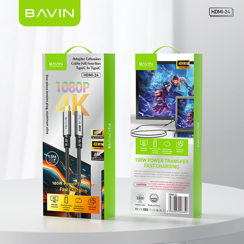 BAVIN HD24 100W Fast Charging Type-C Cable w/ 4K 60Hz Ultra HD & 20Gbps Plug & Play for Multi-Device