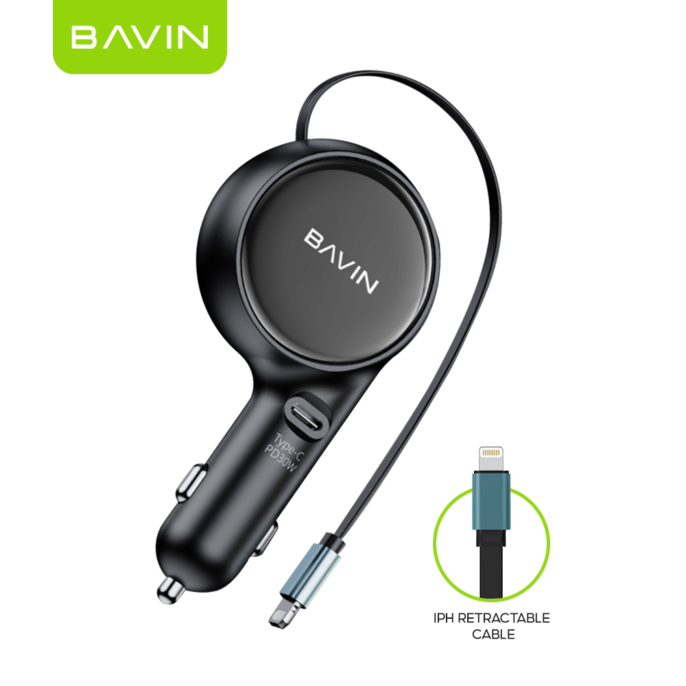 BAVIN C-C-PC2023 30W 2-in-1 Car Charger w/ Retractable 80cm Cable (Type-C/iPhone)