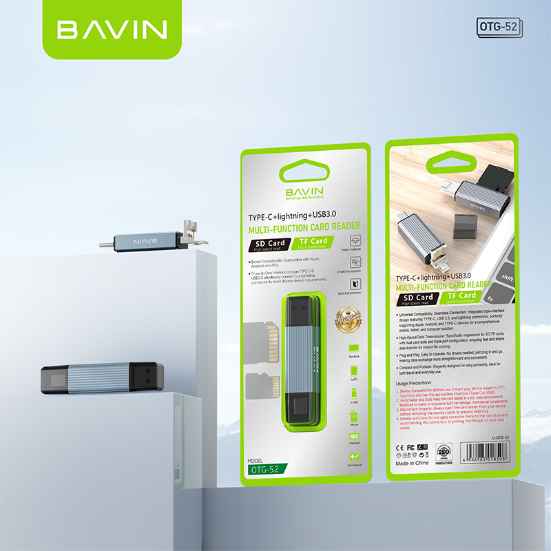 BAVIN U-O-52 3-in-1 Card Reader w/ SD & TF Card Support