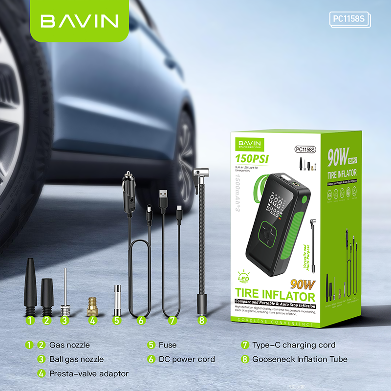 BAVIN Z-PC1158S Portable 150 PSI Car Air Pump Air Compressor Tire Inflator w/ LED Light & 4500mAh Powerbank