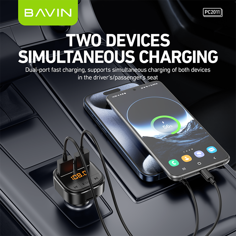 BAVIN C-C-PC2011 18W Dual USB Car Charger w/ LED Display & Bluetooth MP3
