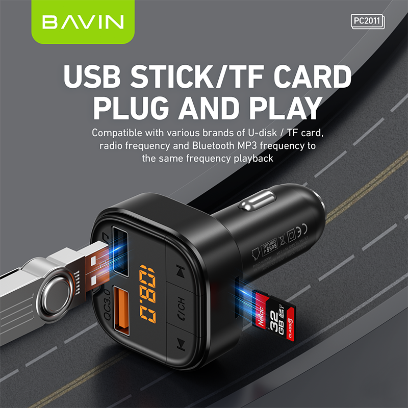 BAVIN C-C-PC2011 18W Dual USB Car Charger w/ LED Display & Bluetooth MP3