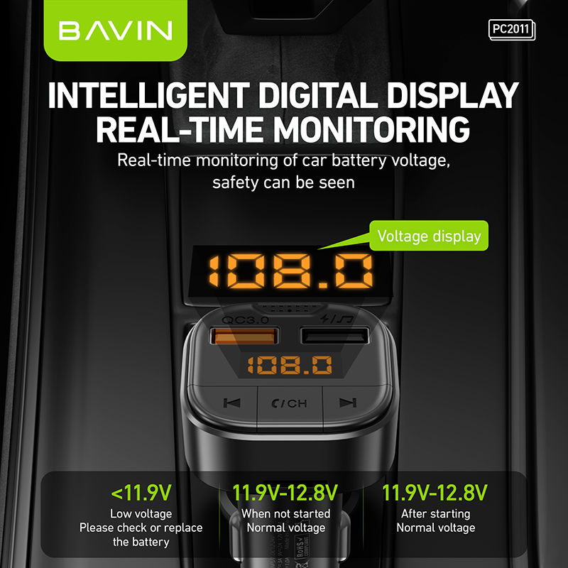 BAVIN C-C-PC2011 18W Dual USB Car Charger w/ LED Display & Bluetooth MP3