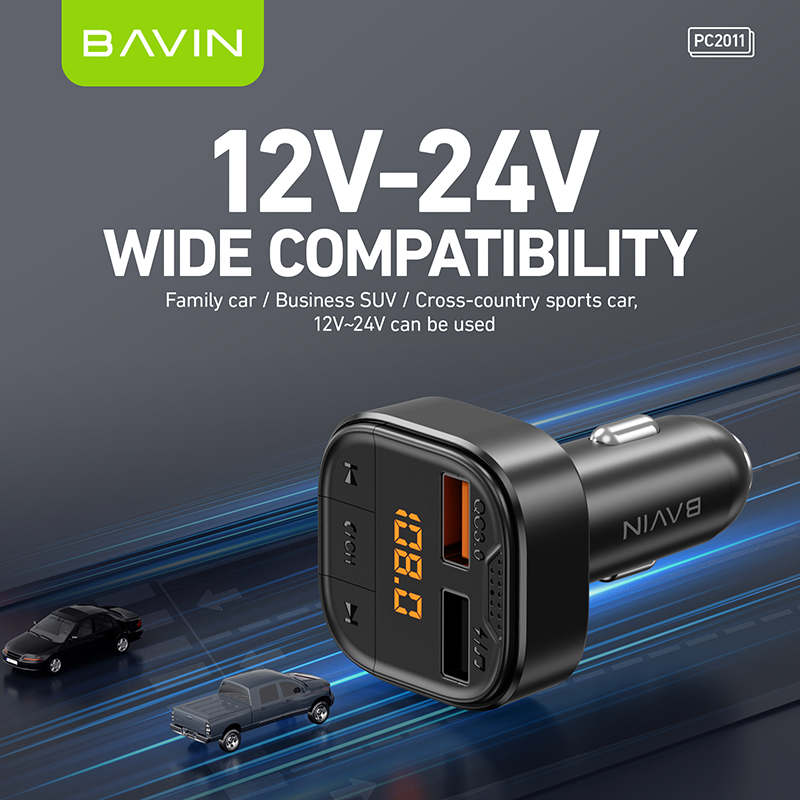 BAVIN C-C-PC2011 18W Dual USB Car Charger w/ LED Display & Bluetooth MP3