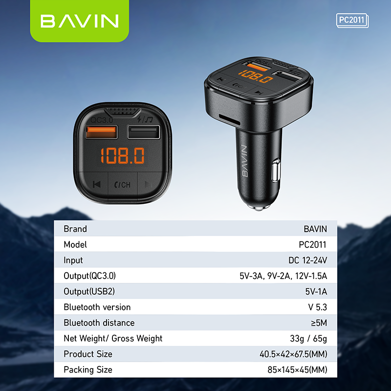 BAVIN C-C-PC2011 18W Dual USB Car Charger w/ LED Display & Bluetooth MP3