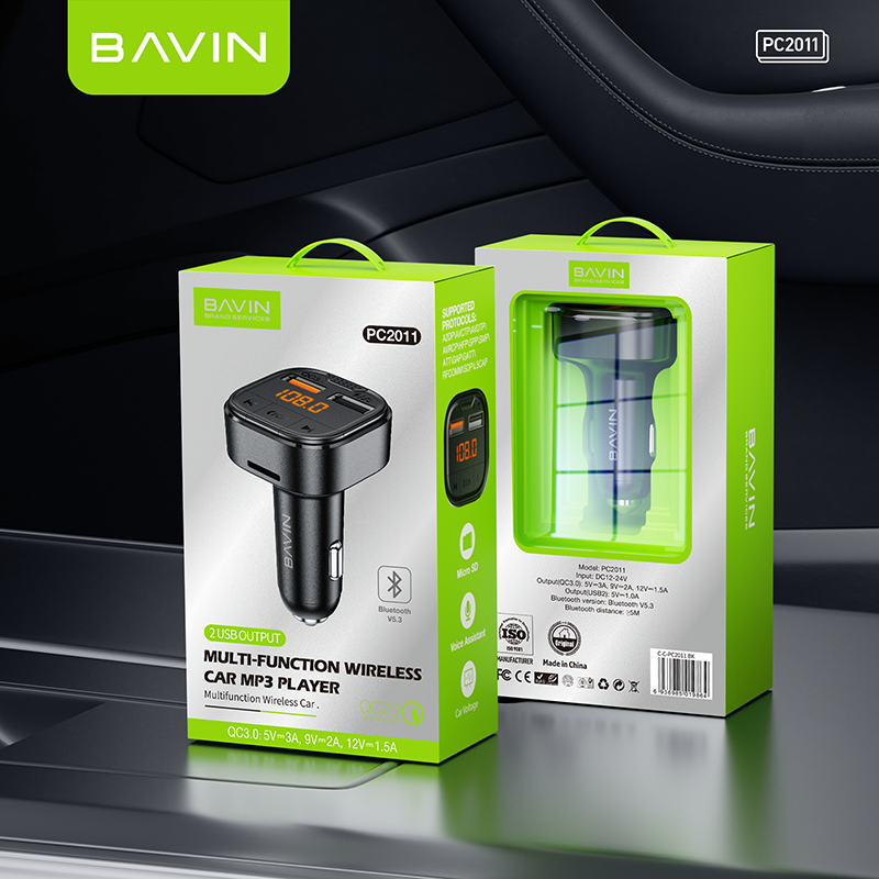 BAVIN C-C-PC2011 18W Dual USB Car Charger w/ LED Display & Bluetooth MP3