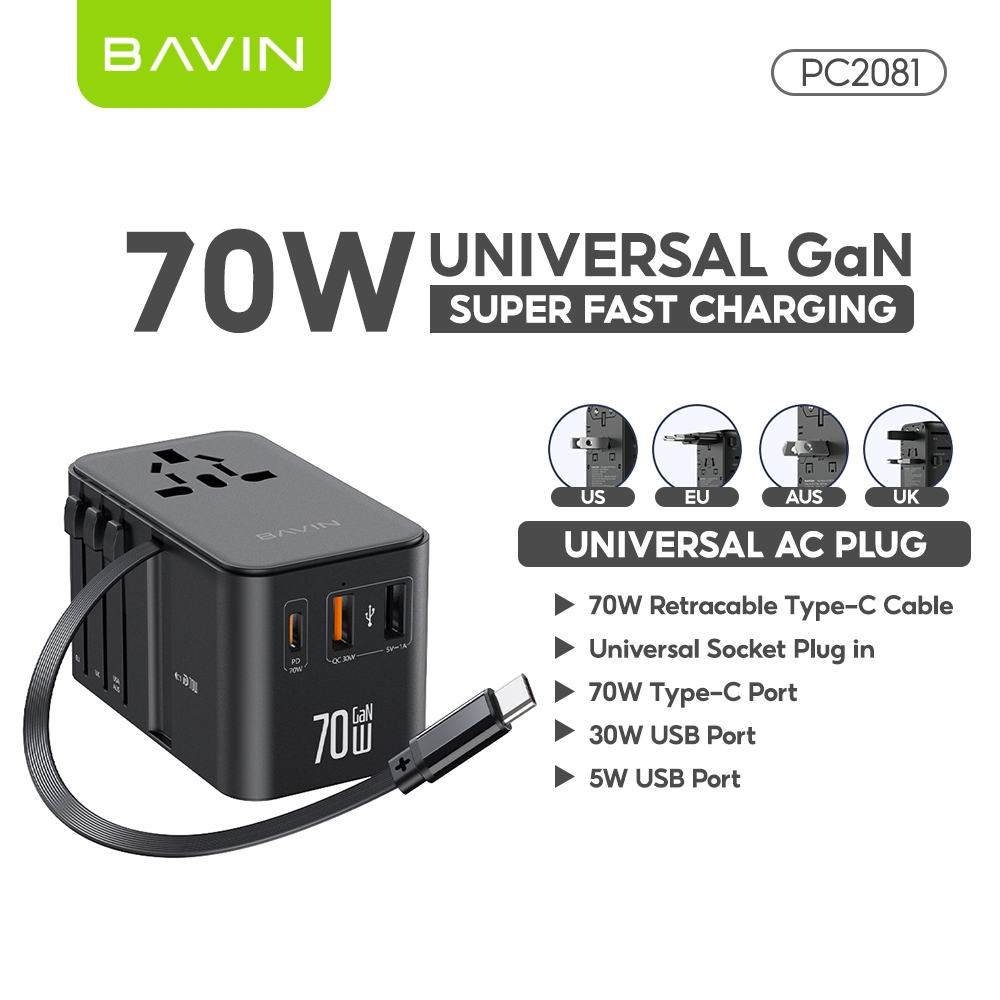 BAVIN PC2080 70W / 45W PD GaN Fast Charging Adapter & Multi-Port Universal Plug Charger for Laptop, Phones & Tablets